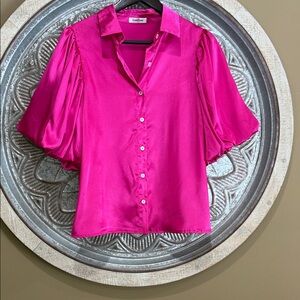 CeCe Fuchsia Satin Puff-Sleeve Button-Up Blouse